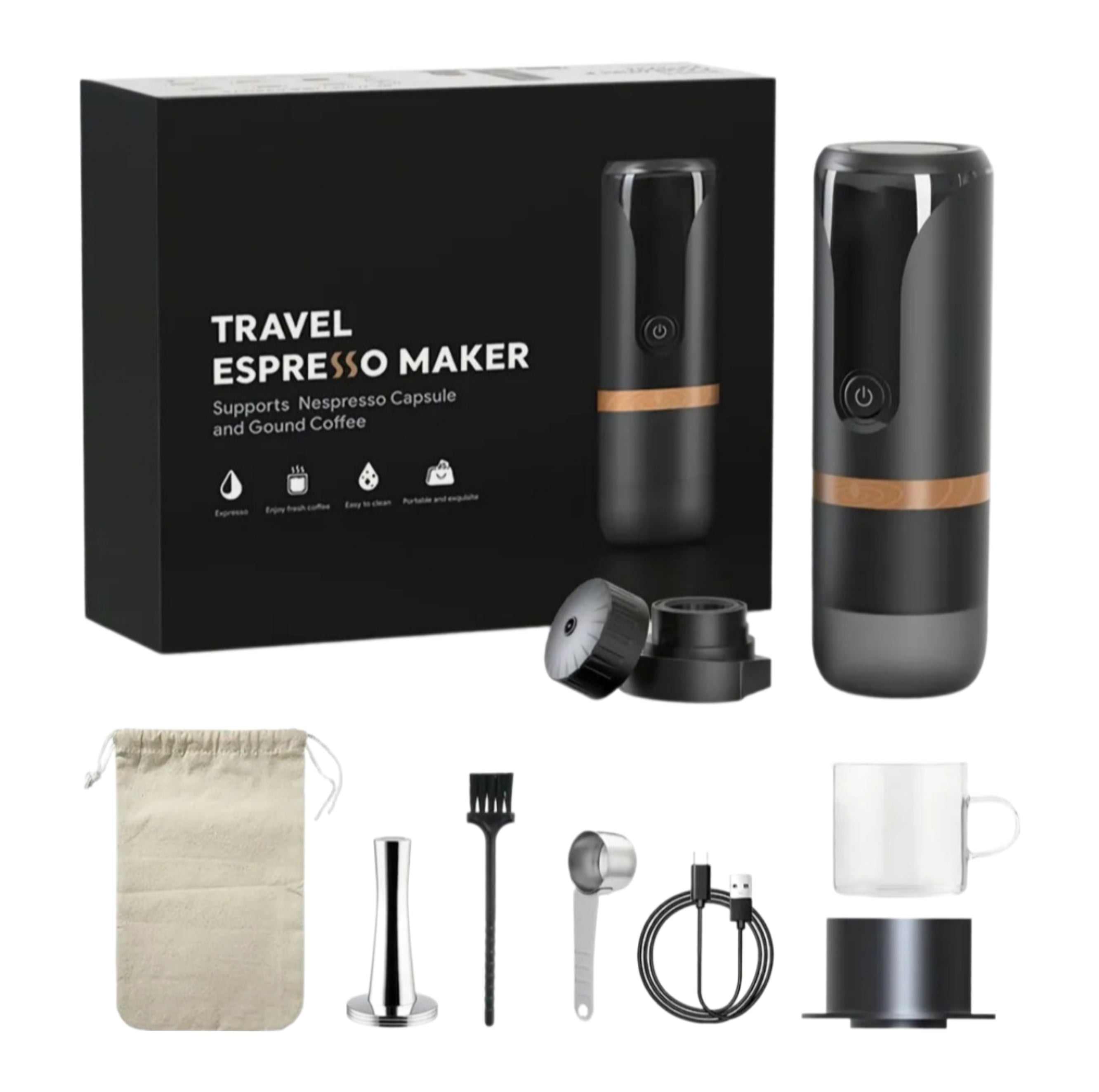 Travel Coffee Machine Set, Espresso on the Go, USB Rechargeable