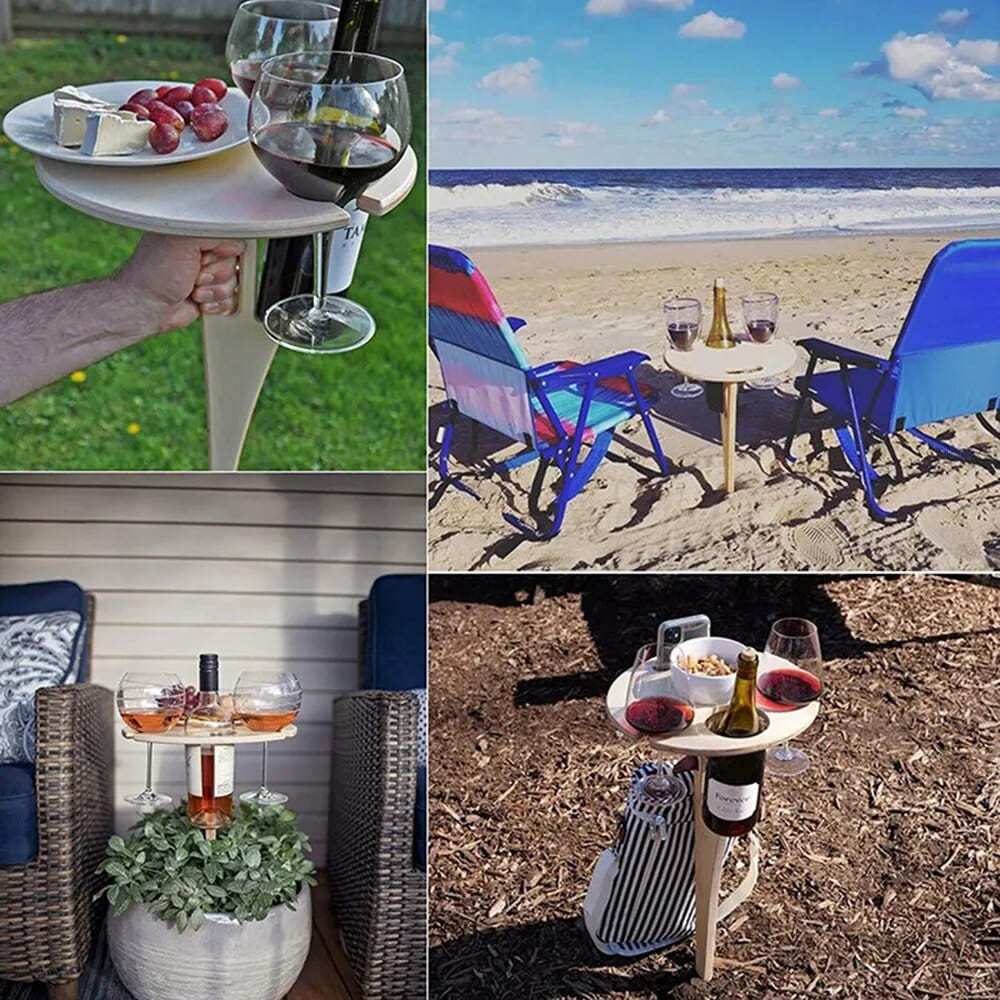 Tragbarer zusammenklappbarer Holz-Weintisch für draußen: Mit Weinglashalter