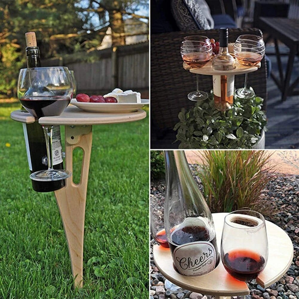 Tragbarer zusammenklappbarer Holz-Weintisch für draußen: Mit Weinglashalter