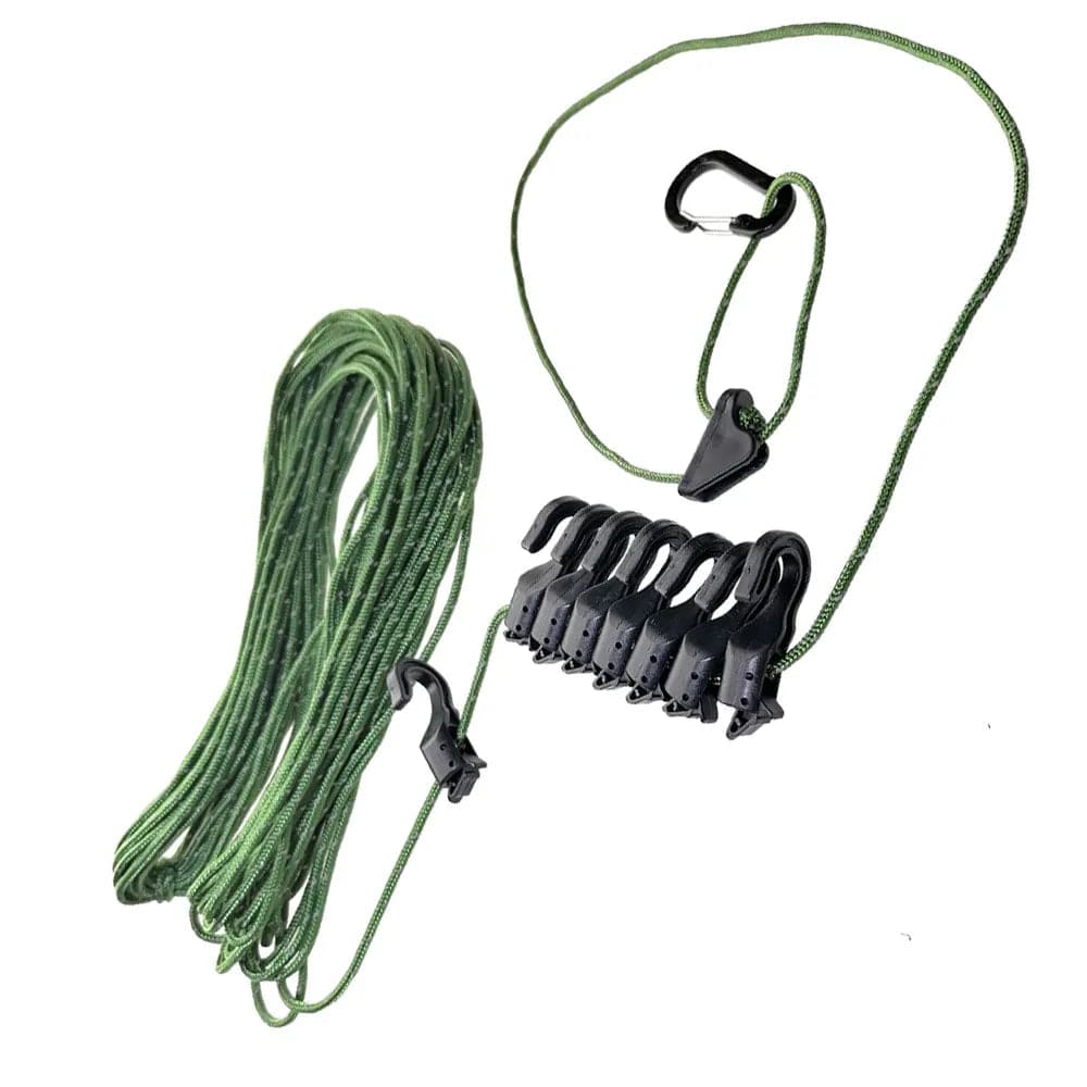 Camping clothesline made of paracord with hooks and carabiners