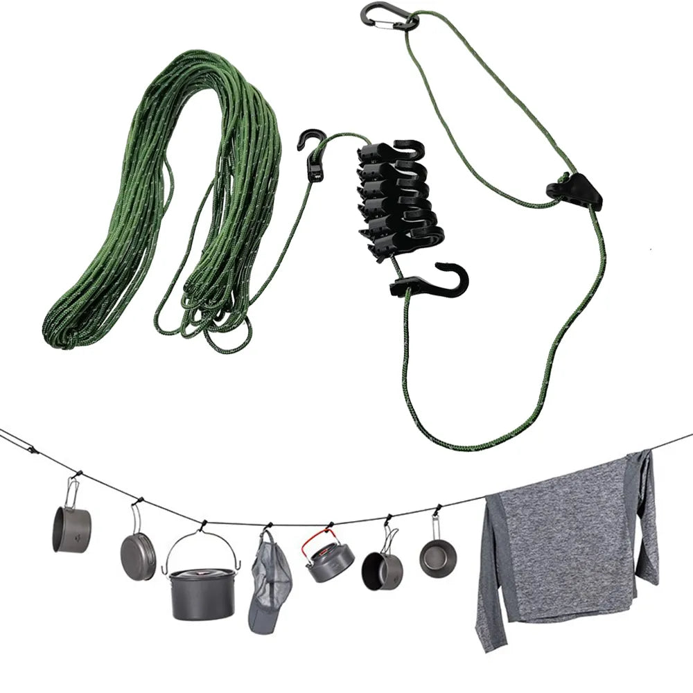 Camping clothesline made of paracord with hooks and carabiners