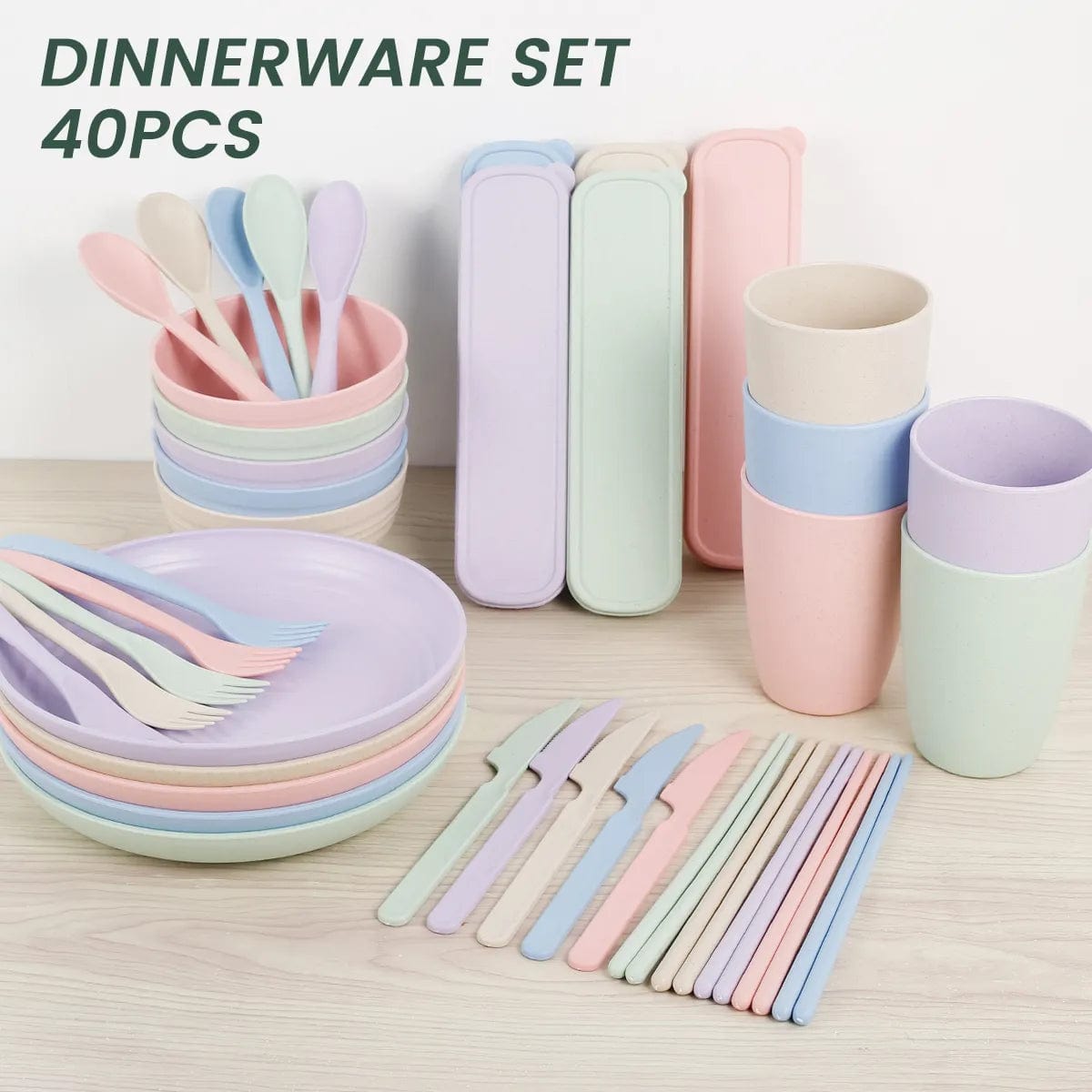 Organic camping tableware set 40 pieces made of wheat straw