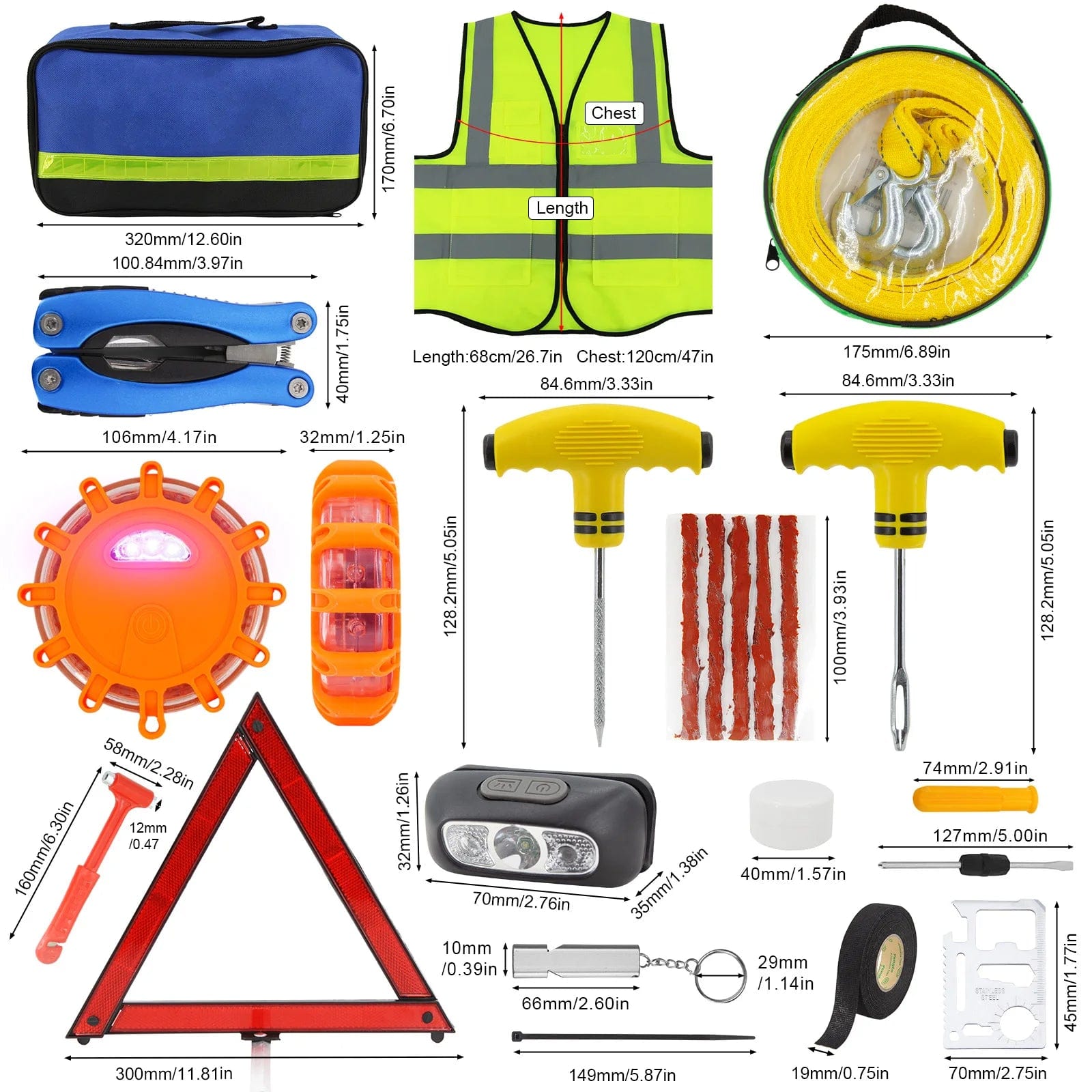 Car Emergency Roadside Assistance Kit Jumper Cable Tow Strap First Aid Accessories Multipurpose Kit